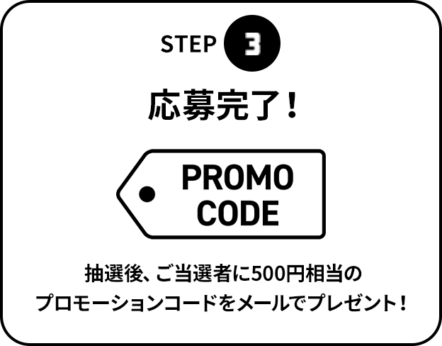 STEP3 応募完了！ 抽選後、ご当選者に500円相当のプロモーションコードをメールでプレゼント！